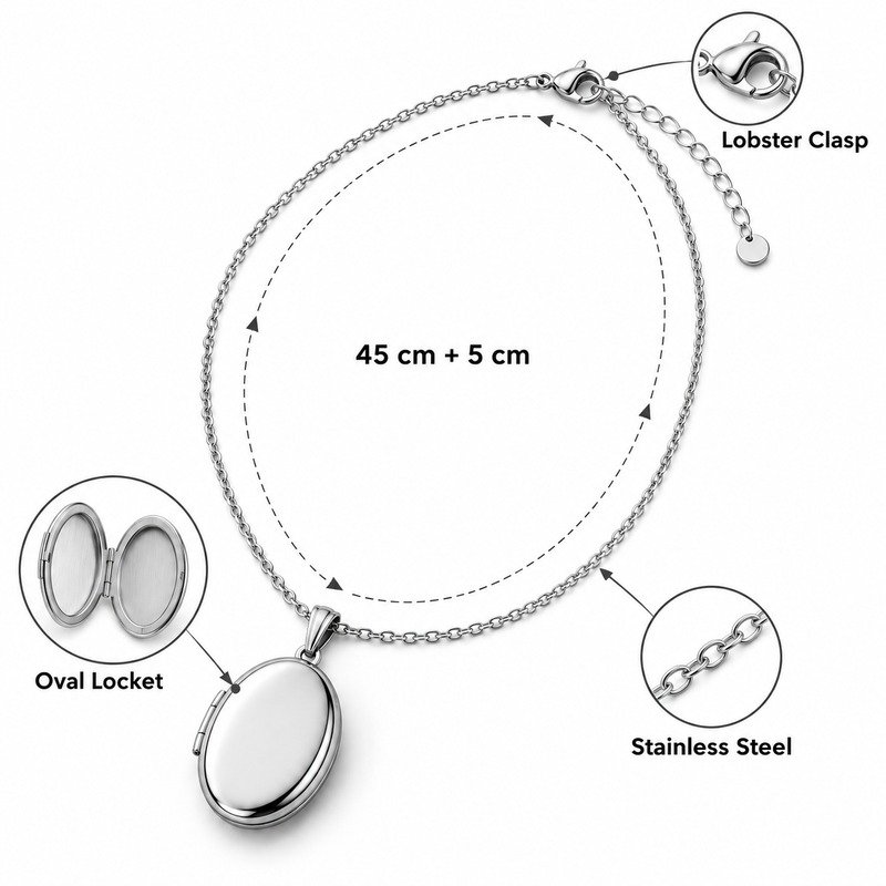 Silver oval locket necklace specifications showing 45 cm plus 5 cm, Stainless Steel and lobster clasp