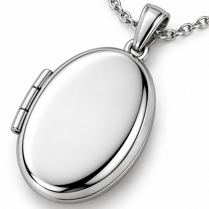 Polished silver Stainless Steel locket beveled edge, precision hinge and cable-chain craftsmanship macro