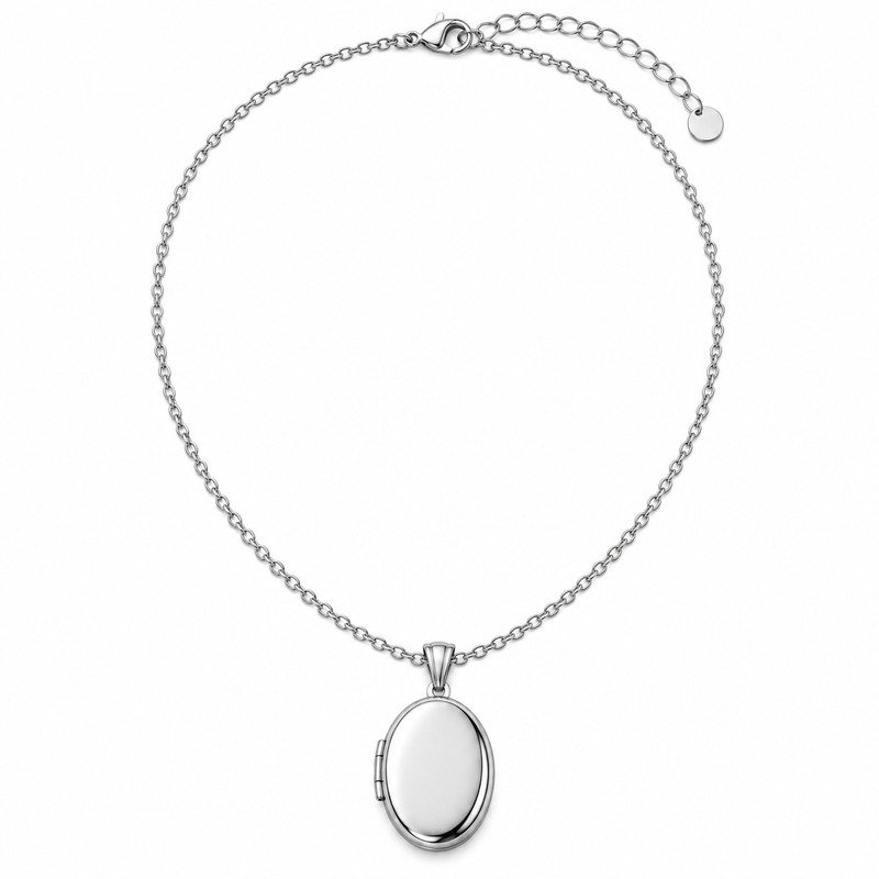 Silver Stainless Steel polished oval locket necklace straight-on front view