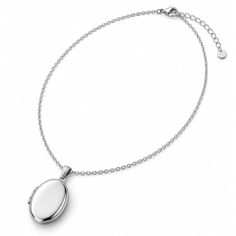 Women's silver Stainless Steel oval locket necklace, 45 cm plus 5 cm extender, 45-degree white background view