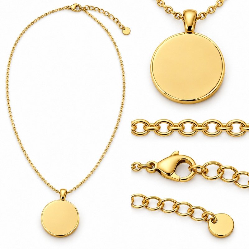 Gold Stainless Steel coin pendant back, bail, cable chain, clasp and extender detail