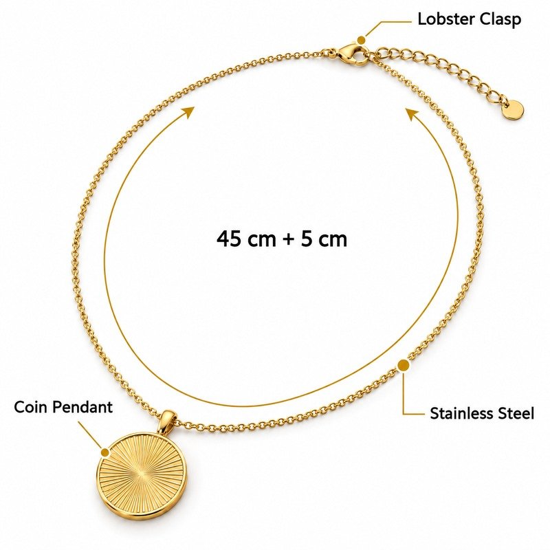 Gold coin pendant necklace specifications showing 45 cm plus 5 cm, Stainless Steel and lobster clasp