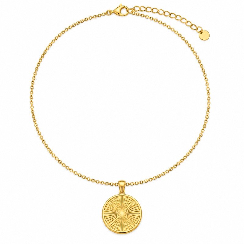 Gold Stainless Steel sunburst coin pendant necklace straight-on front view