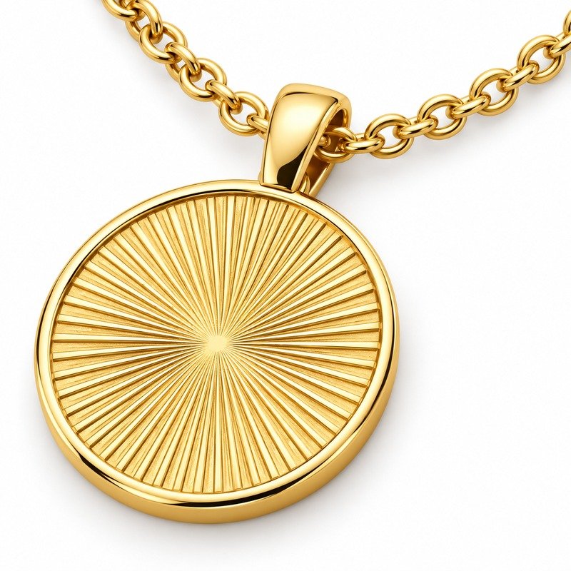 Gold Stainless Steel sunburst coin radial texture, polished rim and chain craftsmanship macro