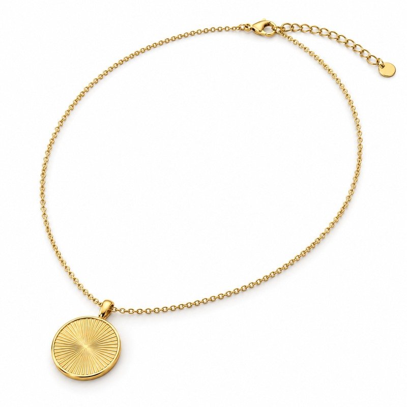 Women's gold Stainless Steel sunburst coin pendant necklace, 45 cm plus 5 cm extender, 45-degree white background view