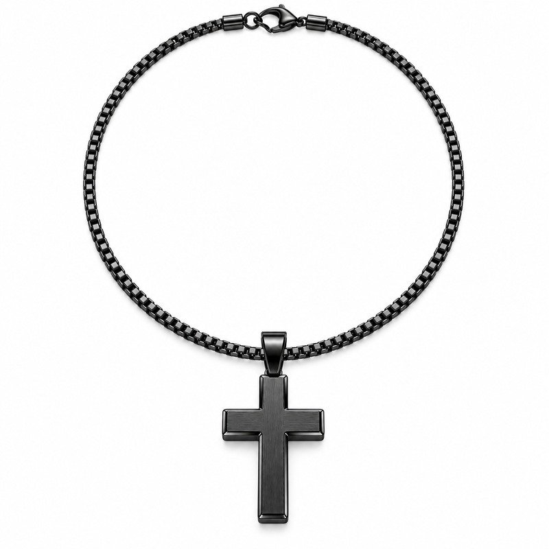 Black Stainless Steel cross pendant necklace straight-on front view