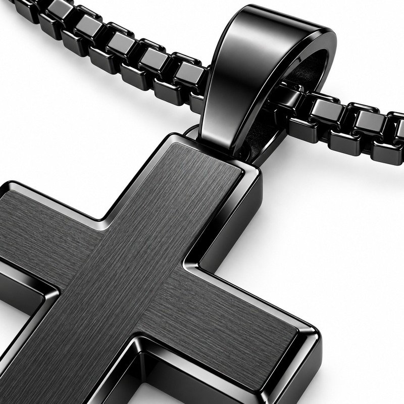 Brushed black Stainless Steel cross surface, polished bevels and chain craftsmanship macro