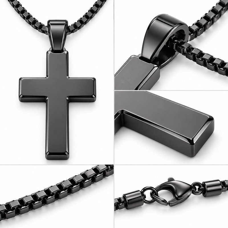 Black Stainless Steel cross pendant back, bail, box chain and clasp construction detail