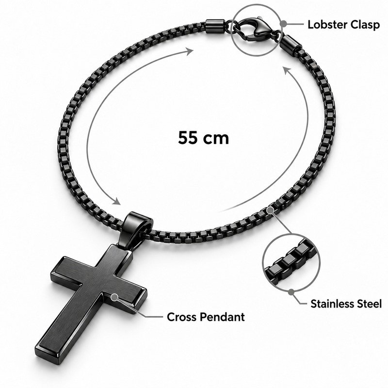 Black cross pendant necklace specifications showing 55 cm, Stainless Steel and lobster clasp