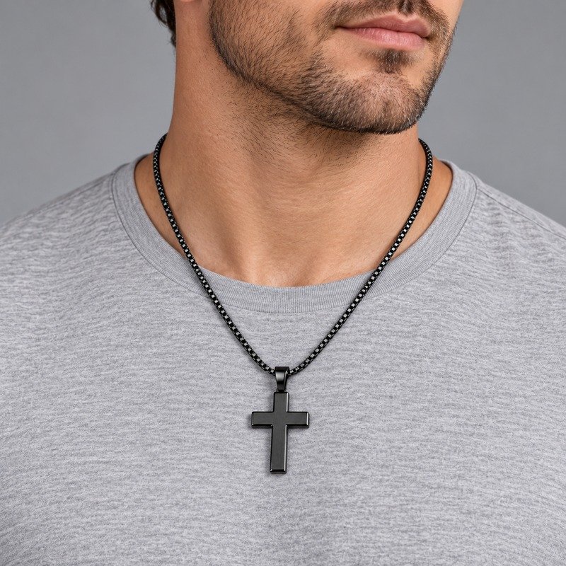 Adult man wearing a black Stainless Steel cross pendant necklace
