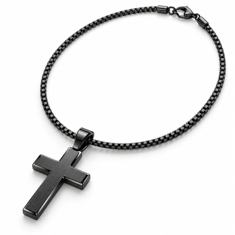 Men's black Stainless Steel cross pendant necklace with 55 cm box chain, 45-degree white background view