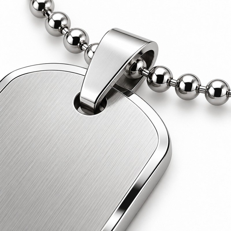 Brushed silver Stainless Steel dog tag surface, polished bevel and ball-chain craftsmanship macro