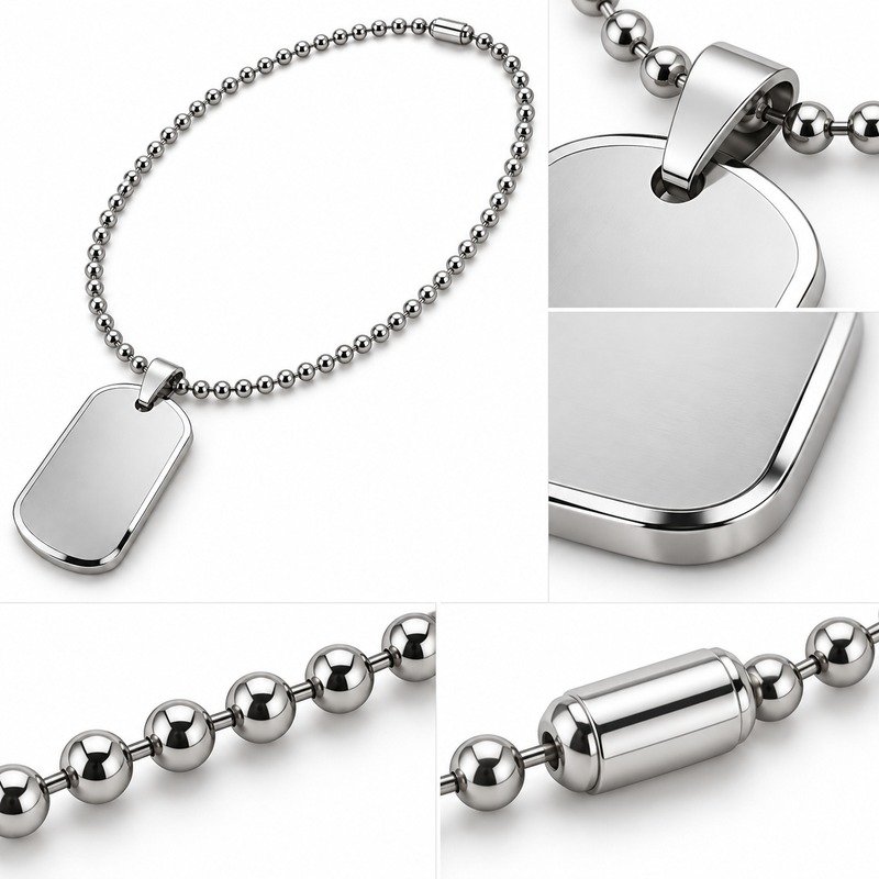 Silver Stainless Steel dog tag back, reinforced bail, rounded edge and ball-chain construction