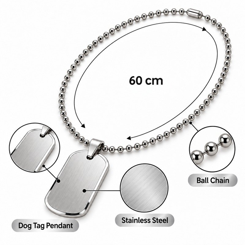 Silver dog tag necklace specifications showing 60 cm, Stainless Steel and ball chain