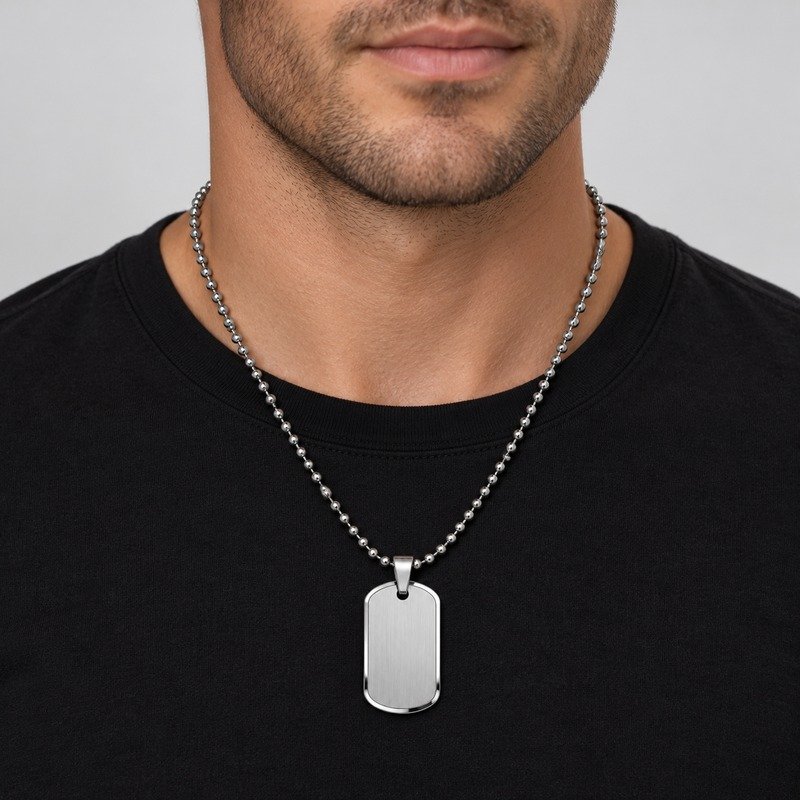Adult man wearing a silver Stainless Steel blank dog tag necklace