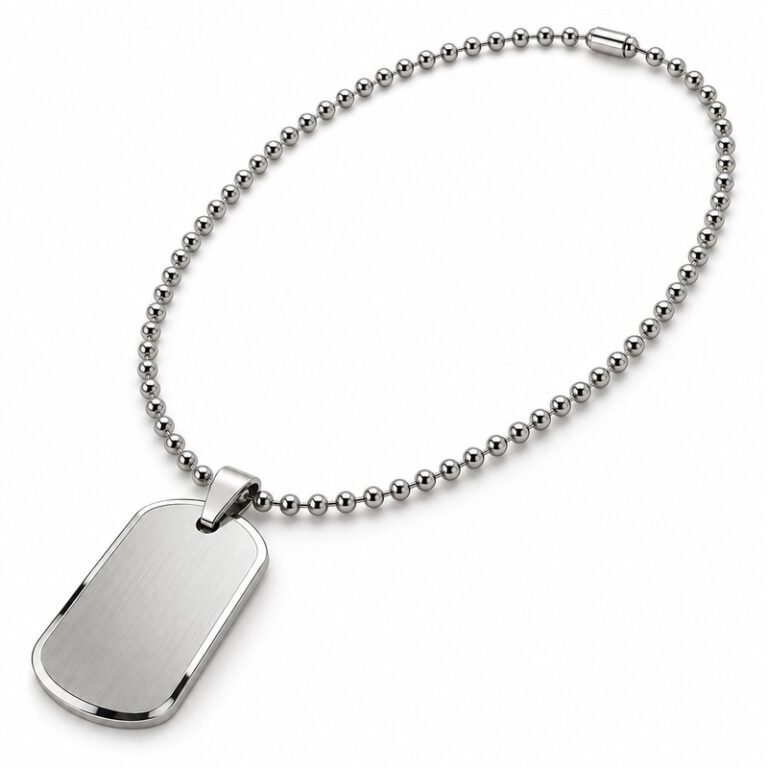 Men's silver Stainless Steel dog tag pendant necklace with 60 cm ball chain, 45-degree white background view