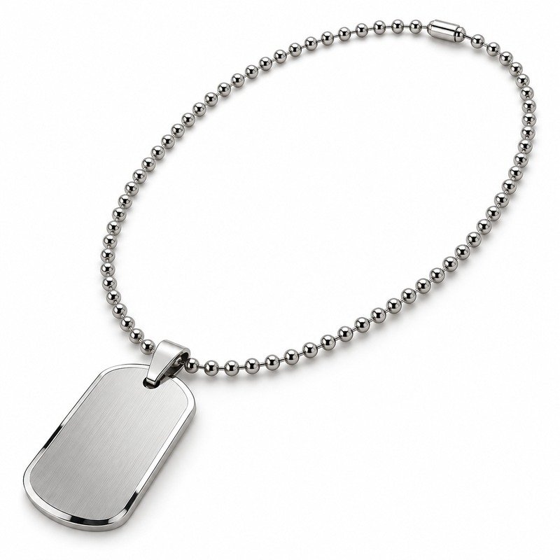 Men's silver Stainless Steel dog tag pendant necklace with 60 cm ball chain, 45-degree white background view