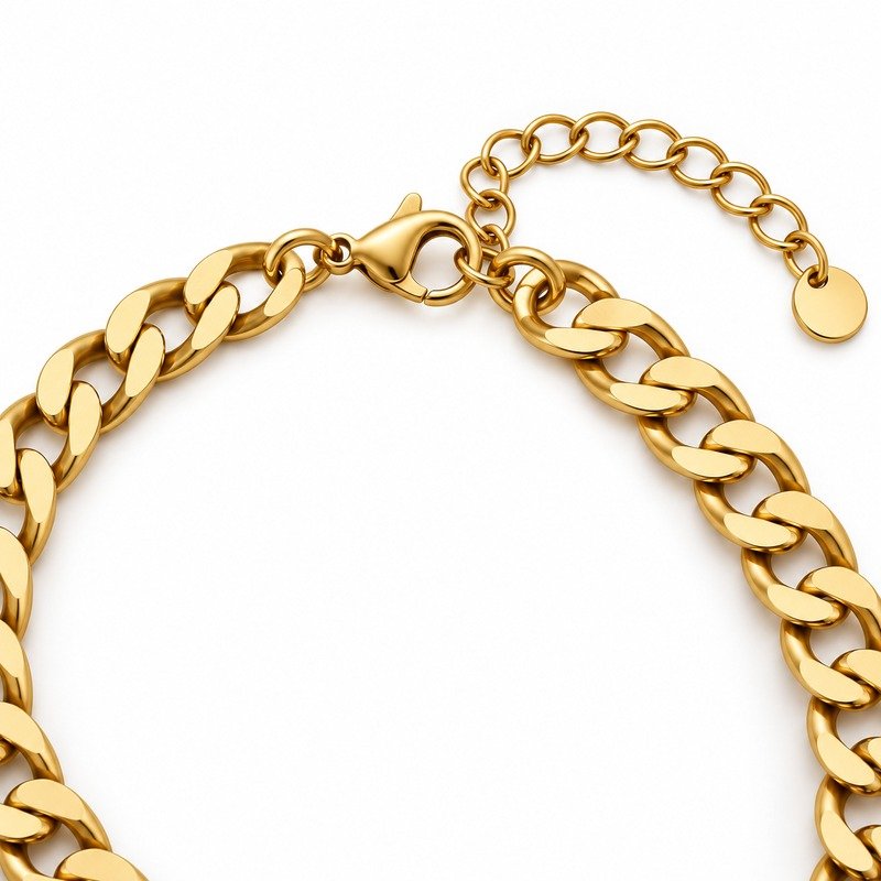 Gold Stainless Steel curb chain reverse links, clasp and extender construction detail