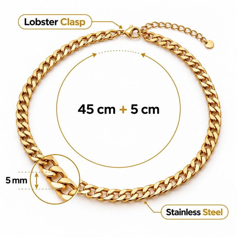 Gold curb chain specifications showing 45 cm plus 5 cm, 5 mm, Stainless Steel and lobster clasp