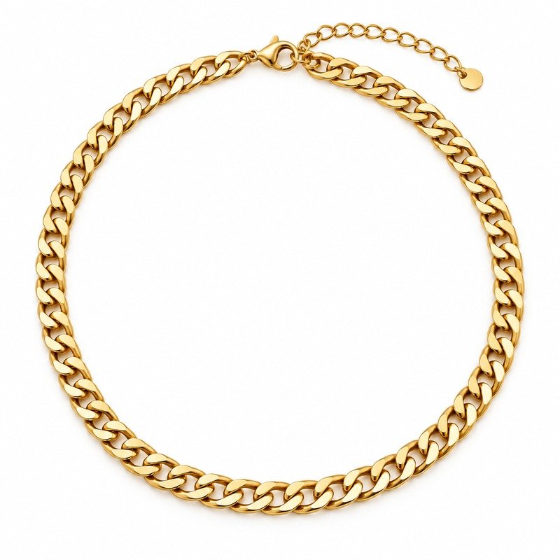 Gold Stainless Steel curb chain necklace straight-on front view on white background