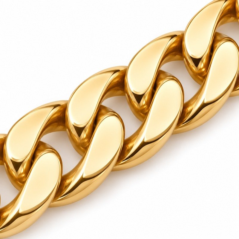 Polished gold Stainless Steel curb links, smooth edges and weld craftsmanship macro