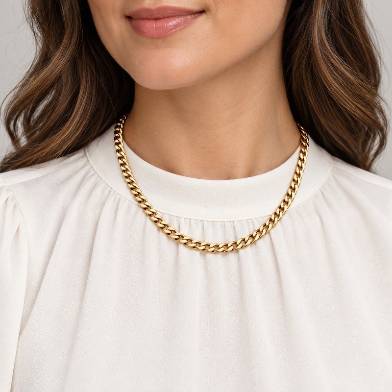 Adult woman wearing a gold 5 mm Stainless Steel curb chain necklace