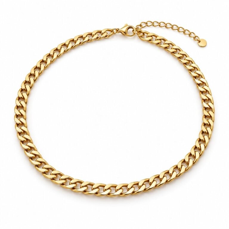 Women's gold Stainless Steel curb chain necklace, 5 mm wide, 45 cm plus 5 cm extender, 45-degree white background view