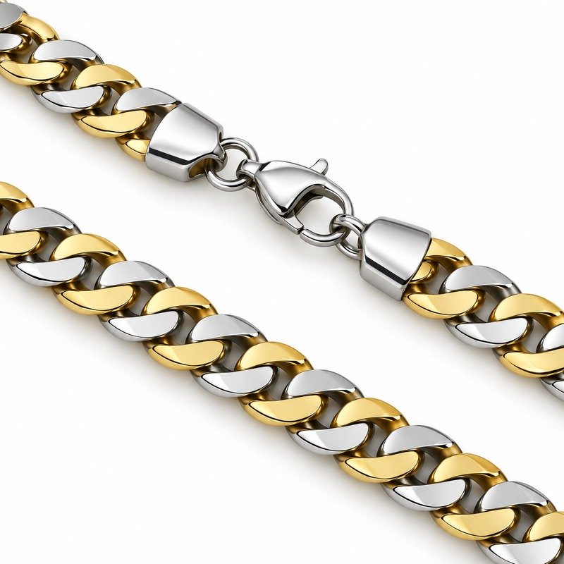 Two-tone Stainless Steel Cuban chain reverse links, end caps and lobster clasp detail