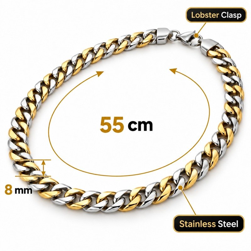Two-tone Cuban chain specifications showing 55 cm, 8 mm, Stainless Steel and lobster clasp