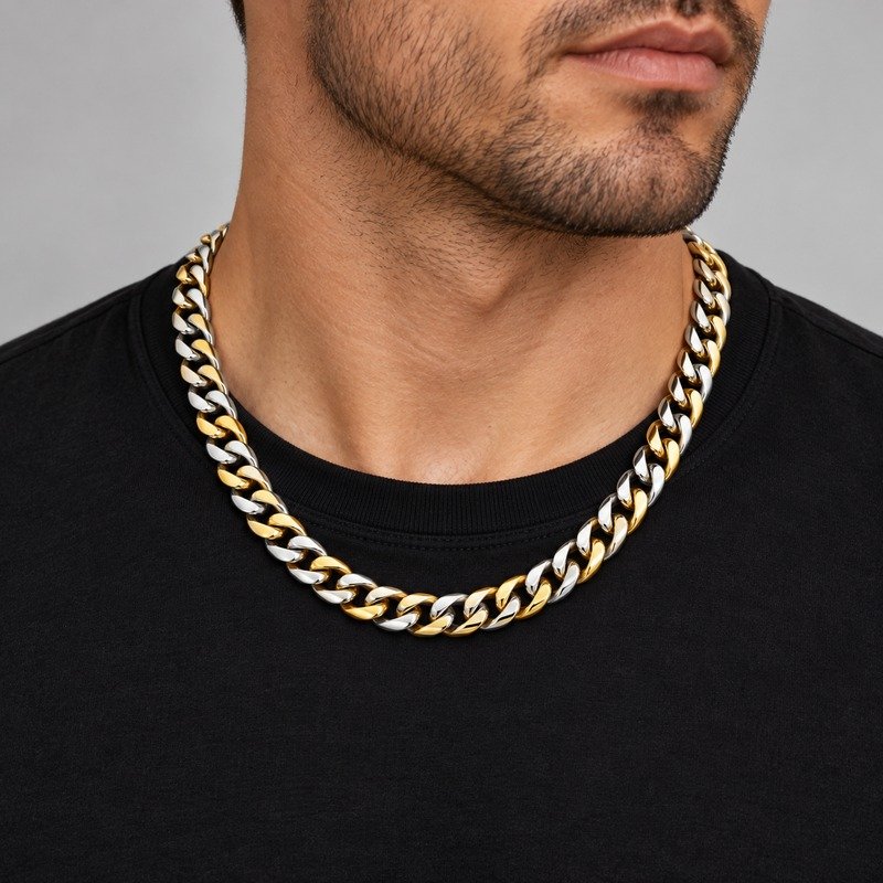 Adult man wearing a two-tone 8 mm Stainless Steel Cuban chain necklace