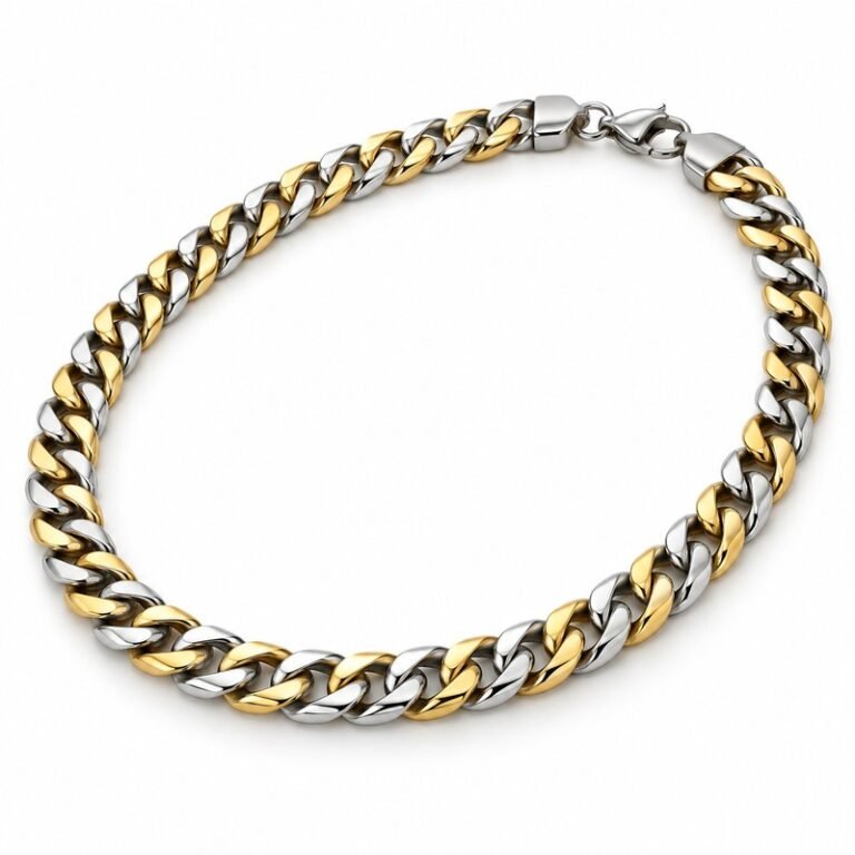 Men's two-tone Stainless Steel Cuban chain necklace, 8 mm wide and 55 cm long, 45-degree white background view