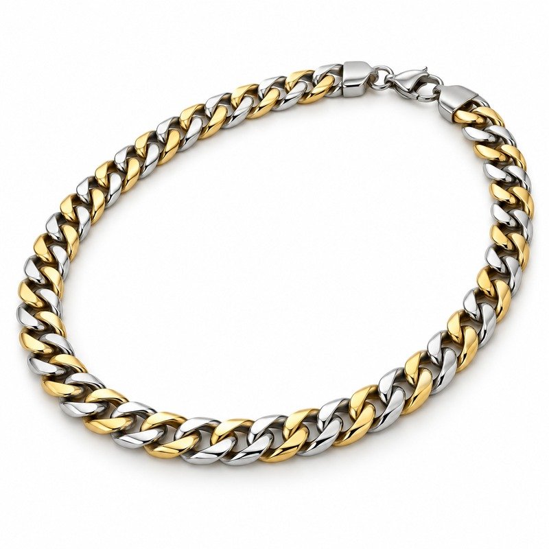 Men's two-tone Stainless Steel Cuban chain necklace, 8 mm wide and 55 cm long, 45-degree white background view