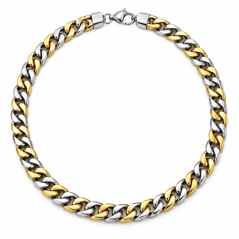 Two-tone Stainless Steel Cuban chain necklace straight-on front view on white background
