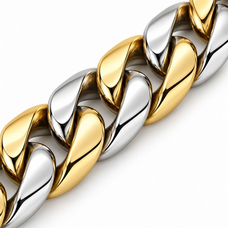 Two-tone Stainless Steel Cuban links, polished surfaces, smooth edges and weld craftsmanship macro