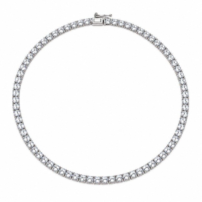 Silver Stainless Steel tennis necklace with clear round stones straight-on front view