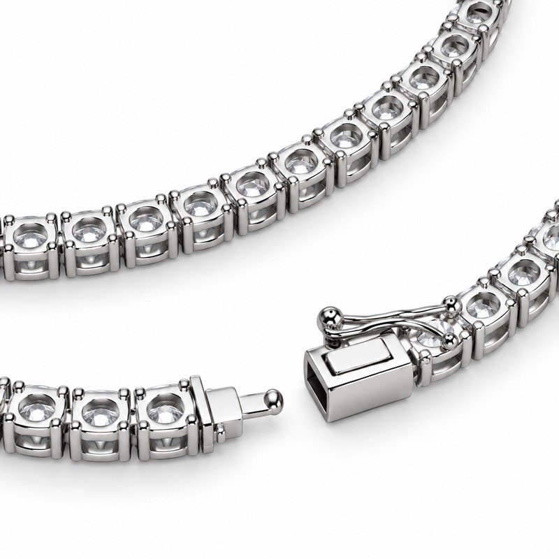 Silver Stainless Steel tennis necklace open-back settings, articulated links and box clasp detail