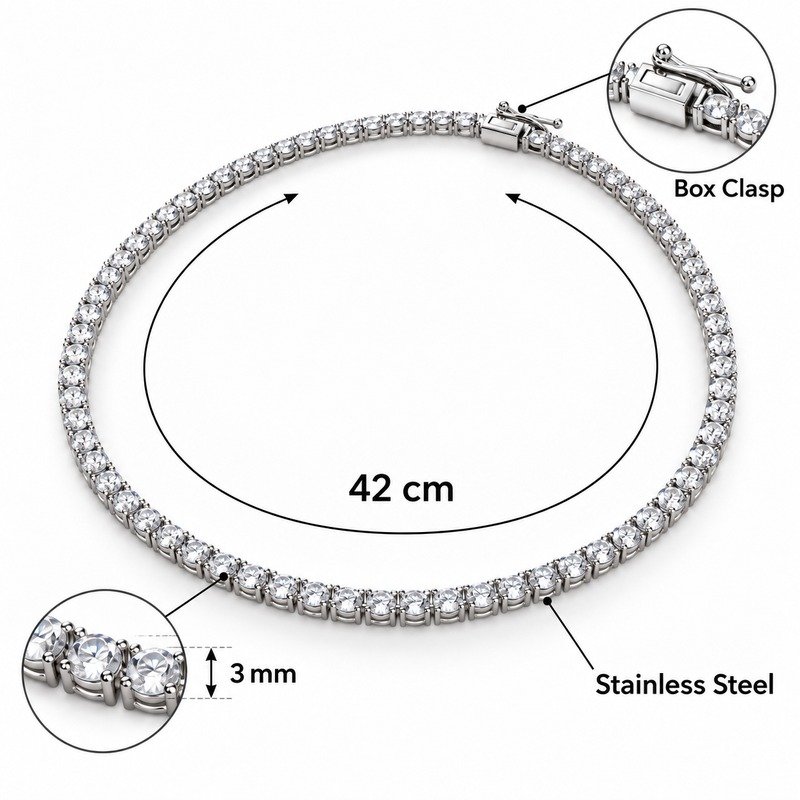 Silver tennis necklace specifications showing 42 cm, 3 mm, Stainless Steel and box clasp
