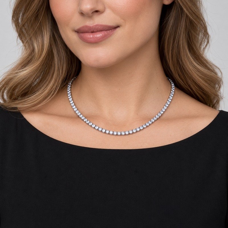 Adult woman wearing a silver 3 mm Stainless Steel tennis necklace