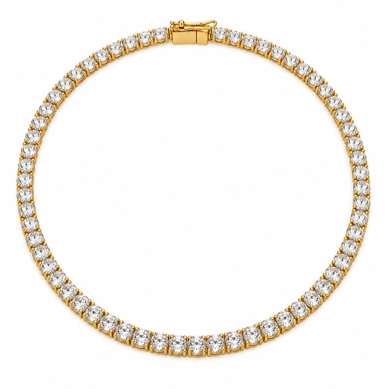Gold Stainless Steel tennis necklace with clear round stones straight-on front view