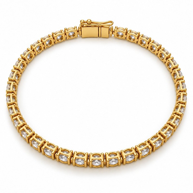 Gold Stainless Steel tennis necklace open-back settings, articulated links and box clasp detail