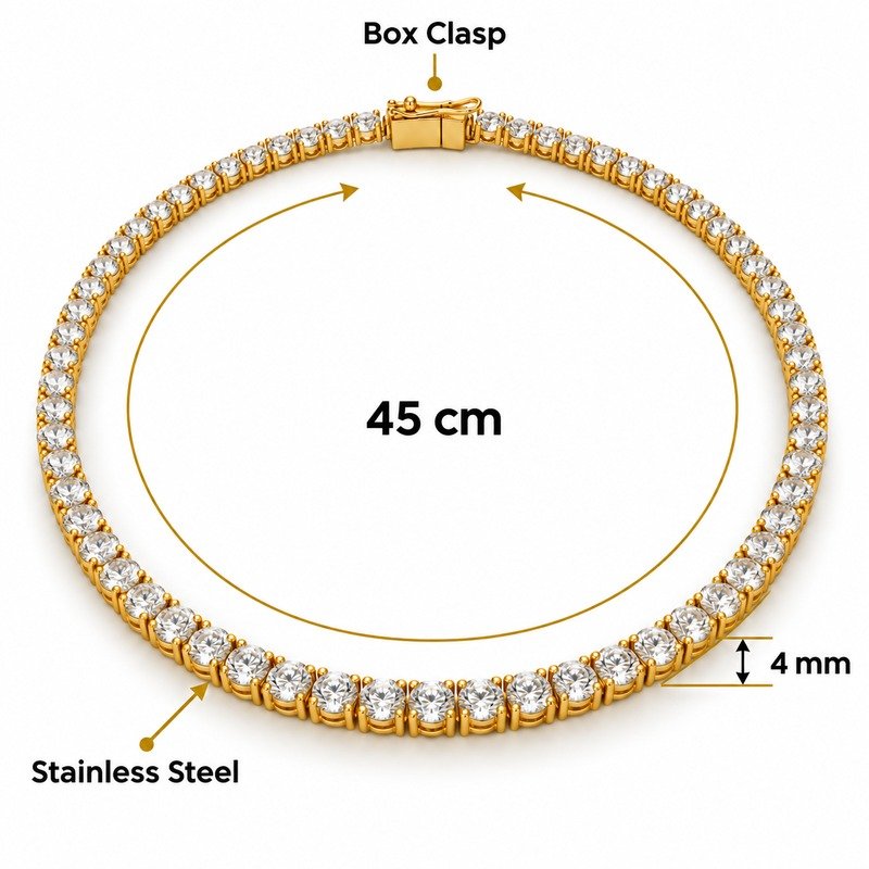 Gold tennis necklace specifications showing 45 cm, 4 mm, Stainless Steel and box clasp
