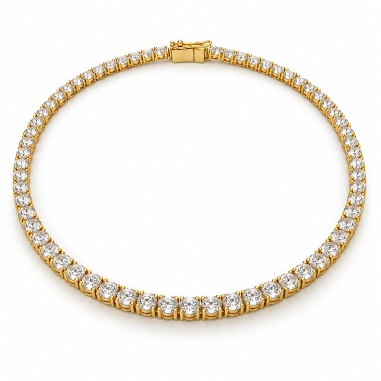 Women's gold Stainless Steel tennis necklace, 4 mm wide and 45 cm long, 45-degree white background view
