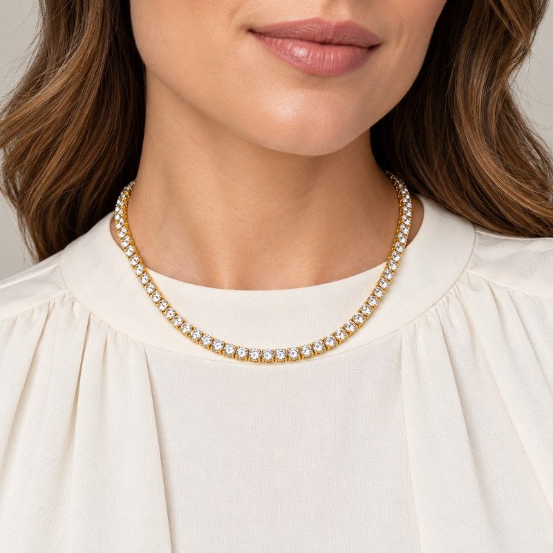 Adult woman wearing a gold 4 mm Stainless Steel tennis necklace