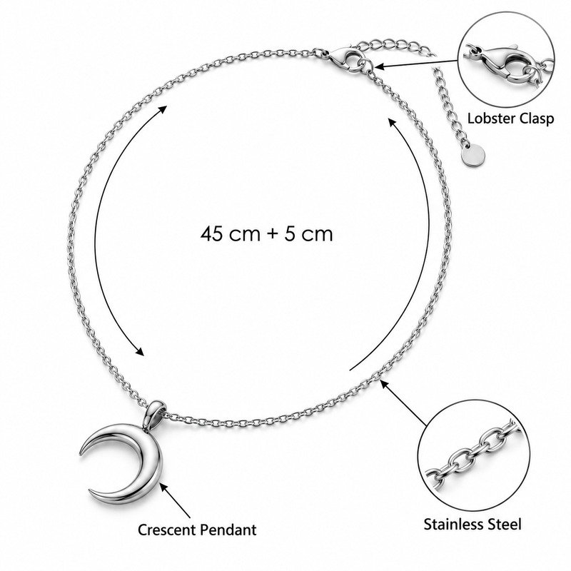 Silver crescent necklace specifications showing 45 cm plus 5 cm, Stainless Steel and lobster clasp