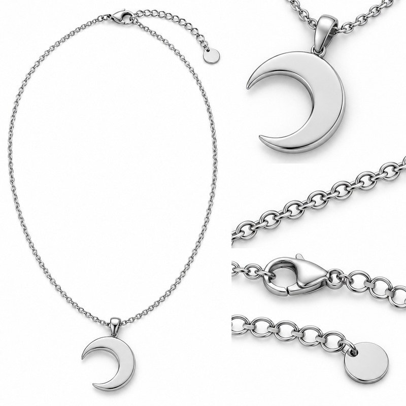 Silver Stainless Steel crescent pendant back, bail, cable chain, clasp and extender detail