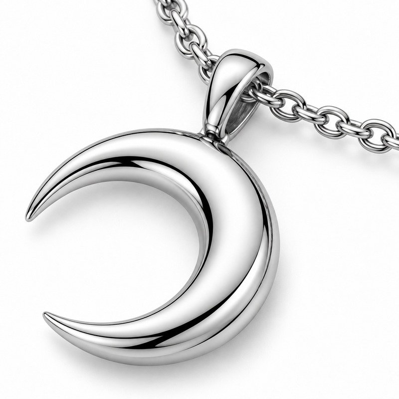 Polished silver Stainless Steel crescent pendant surface, tapered tips and chain craftsmanship macro