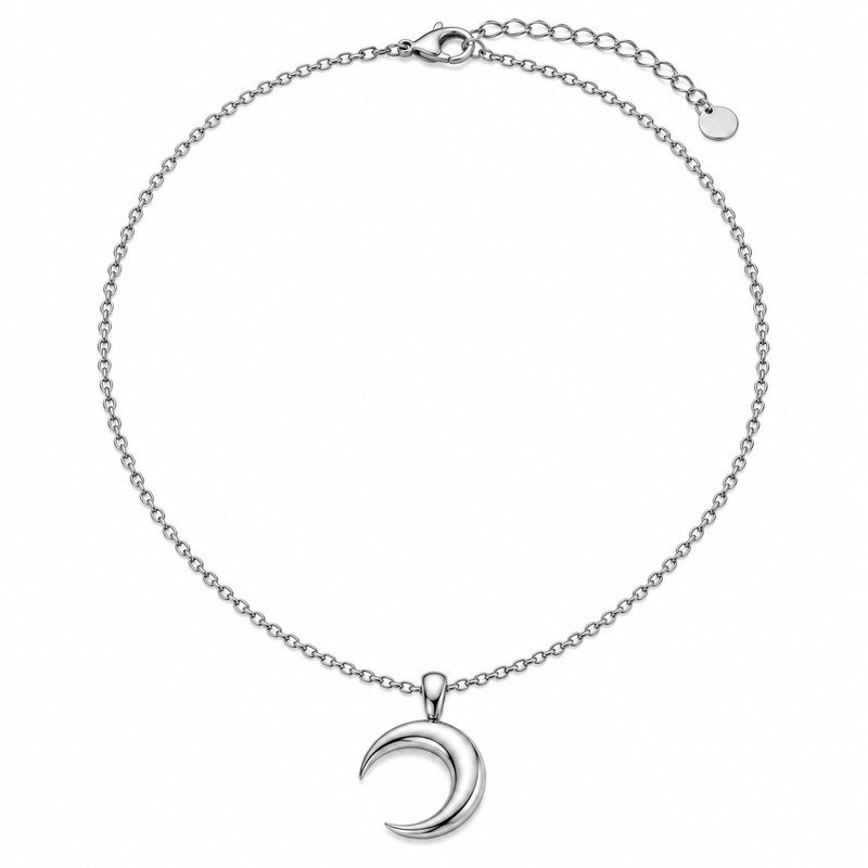 Silver Stainless Steel crescent moon pendant necklace straight-on front view