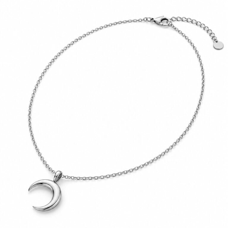 Women's silver Stainless Steel crescent moon pendant necklace, 45 cm plus 5 cm extender, 45-degree white background view