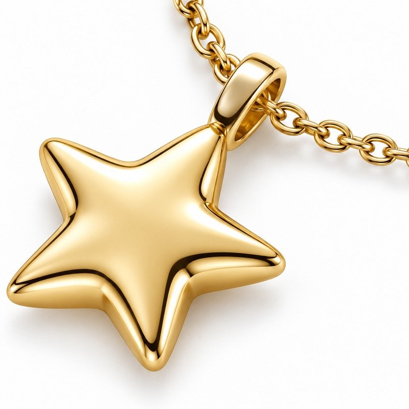 Gold Stainless Steel star pendant polished surface, rounded points and chain craftsmanship macro