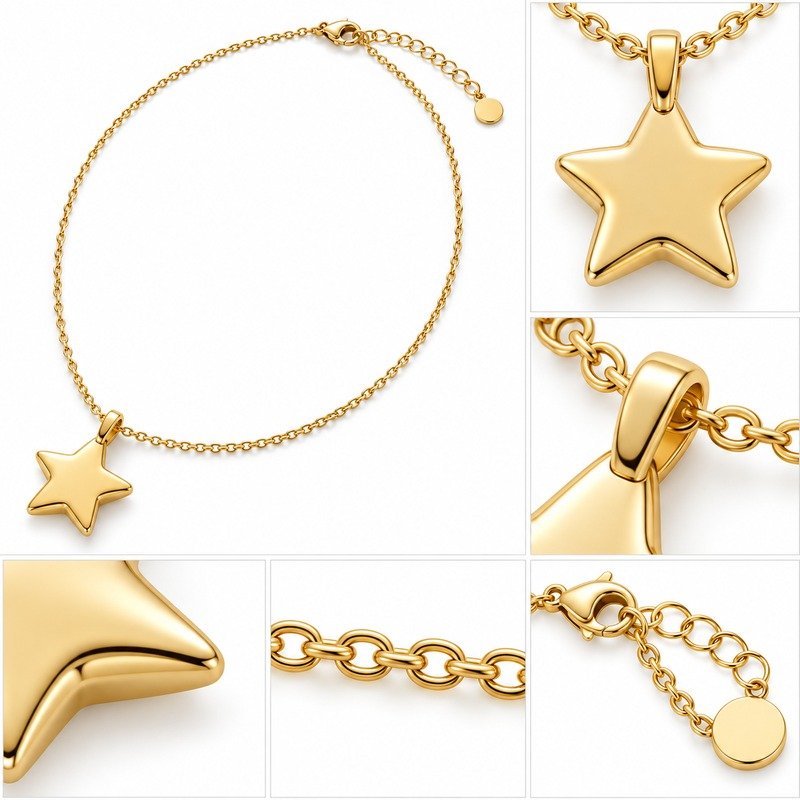 Gold Stainless Steel star pendant back, bail, rounded points, clasp and extender construction